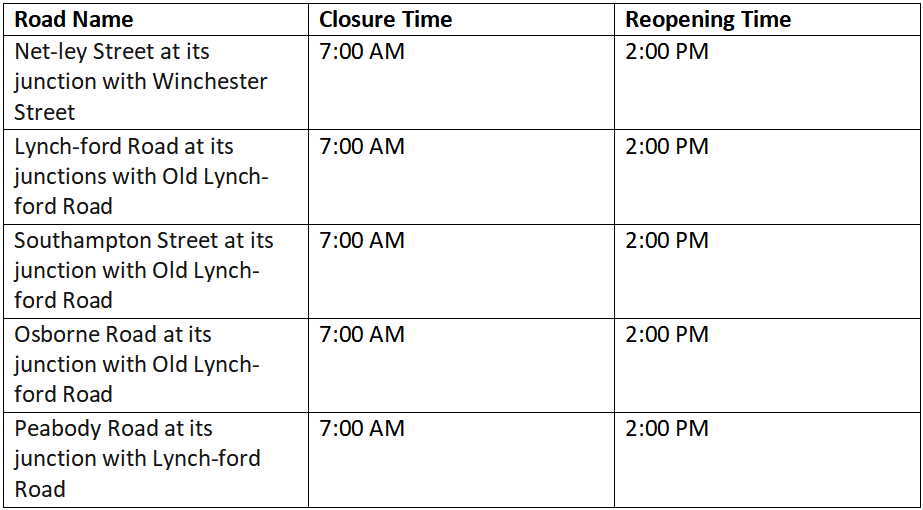 Road Closure Schedule 1